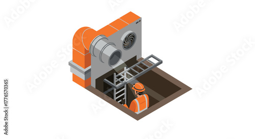 Isometric scene of maintenance worker in sewer with industrial equipment
