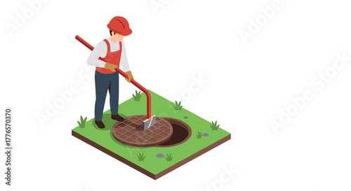Worker lifting manhole cover with crowbar in isometric style