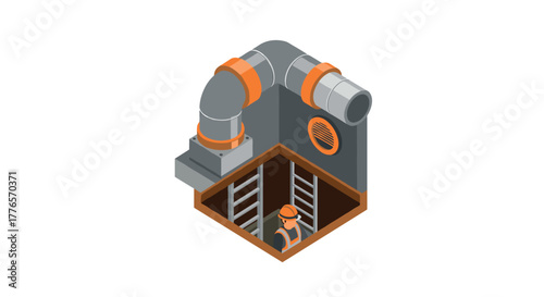 Industrial worker inside ventilation system isometric design