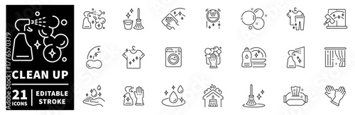 Cleaning icons set. editable line icons for housekeeping and sanitation