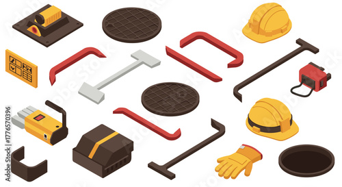 Isometric construction tools and safety equipment set for urban infrastructure projects