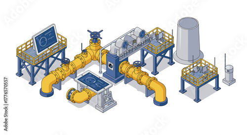 Modern isometric water treatment facility with industrial equipment and pipes