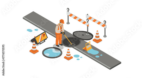 Worker maintaining underground utilities in urban isometric style