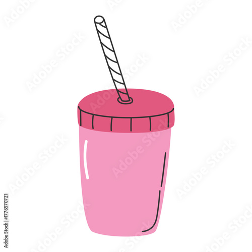 Cup for beverages with lid and transparent straw. Glass with tea, coffee, juice. Flat icon isolated on white background. Vector illustration