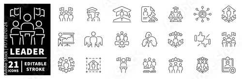 Leader icons set. editable line icons of teamwork, management, and success symbols