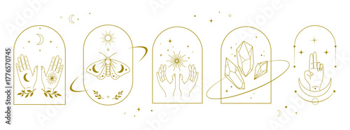 Boho Minimalist signs icons emblems with female hands, crystals, stars, mystical elements set. Mystic Symbols for tarot,apps, branding, wellness packaging, bohemian decor, esoteric merchandise. Vector