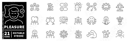 Pleasure and happiness icons set. editable line icons, outline, joy symbols