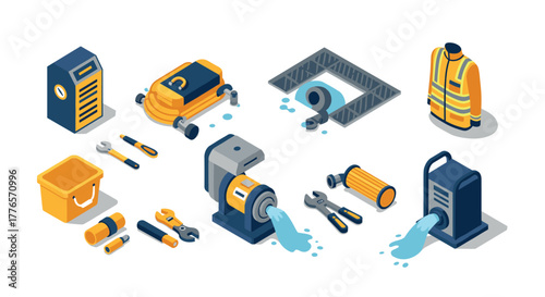 Isometric plumbing tools and equipment set for construction and maintenance