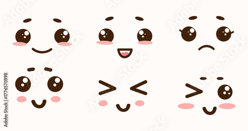 Kawaii Face Expressions Set with big eyes, blush cheeks, and various emotions happy, sad, excited, and surprised, for stickers, kids products, character design, social media, printable crafts.Vector