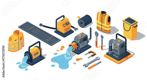 Industrial equipment for water management and safety gear in modern isometric design