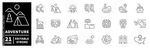 Adventure icons set. editable line icons, linear outline for outdoor, nature themes