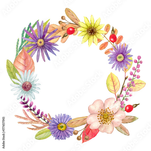 Watercolour hand drawn floral botanical illustration with autumnal plants and flowers. Floral wreath use as print, postcard, greeting card, label, sticker, element design, textile design, package.
