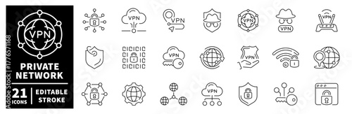 Virtual private network icons set. editable line icons, data security, privacy symbols
