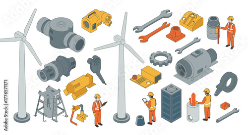 Renewable energy maintenance with engineers, wind turbines, and tools in isometric style