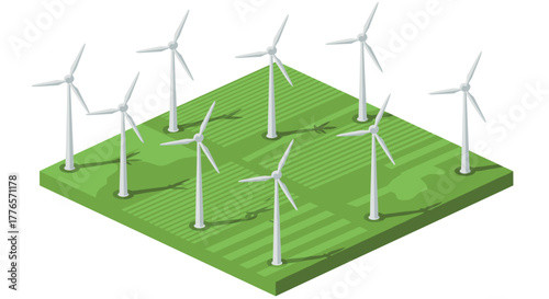 Sustainable energy isometric wind turbines on green fields for renewable power