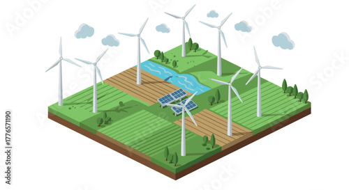 Sustainable energy landscape with wind turbines and solar panels in isometric design