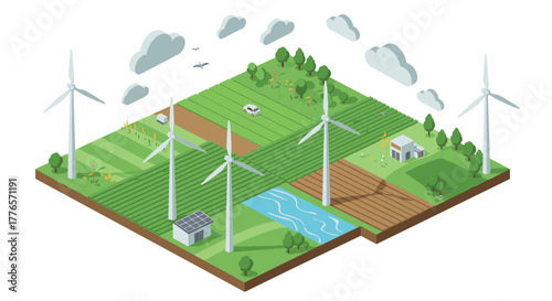 Sustainable energy farm with wind turbines and agricultural fields in isometric design