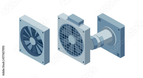 Isometric industrial ventilation system components in blue tones