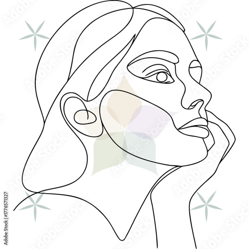 Continuous line art a woman's profile with hand chin floral accents face abstract beauty single lineart