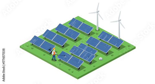 Sustainable energy farm with solar panels and wind turbines isometric design