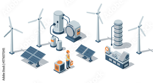Renewable energy isometric design wind turbines and solar panels with technician