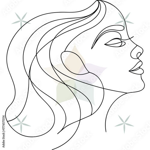 Continuous line art a woman's profile with closed eyes flowing hair abstract beauty single lineart