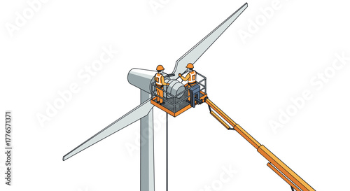 Isometric diagram of workers conducting maintenance on a wind turbine for renewable energy