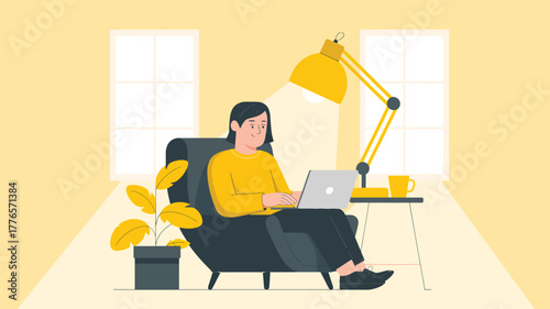 modern home office setup with person working on laptop in armchair under desk lamp – cozy yellow-themed illustration for remote work concept
