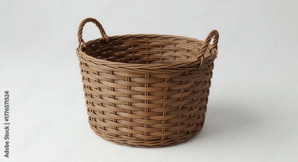 Obraz premium Round woven container with handles rests against a plain light background