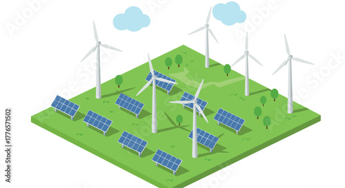 Renewable energy landscape with solar panels and wind turbines in isometric style