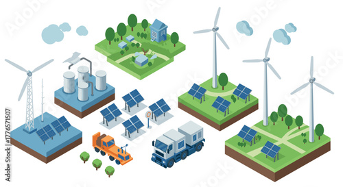 Sustainable energy isometric solar, wind, and industrial renewable power concepts