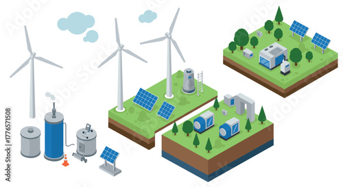 Renewable energy concepts with isometric wind turbines and solar panels in sustainable environment