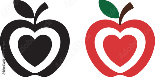 Two stylized apples one black silhouette and one red with a heart shape inside symbolizing love and healthy eating