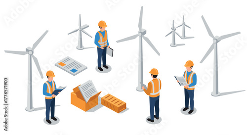 Engineers assessing wind turbine farm in isometric style