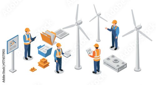 Isometric wind energy teamwork workers and turbines in action