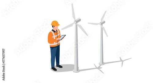 Isometric engineer with tablet inspects wind turbines in renewable energy scene