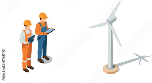Isometric engineers analyzing wind turbine renewable energy design