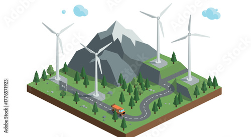 Renewable energy landscape with wind turbines in isometric view