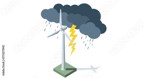 Isometric wind turbine amidst thunderstorm with dark clouds and lightning