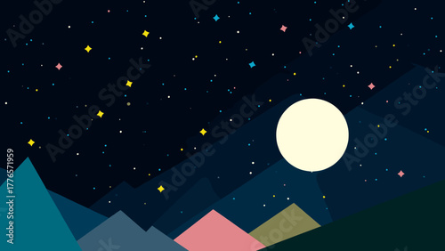 A serene minimalist vector illustration of a geometric mountain landscape under a starry night sky with a bright full moon