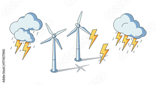Renewable energy concept with wind turbines and thunderstorm elements