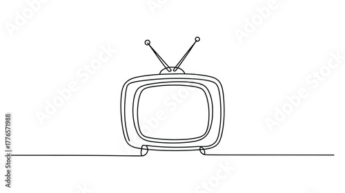 continuous line drawing of a vintage television with antenna – minimalist retro tech illustration symbolizing media, nostalgia, and entertainment