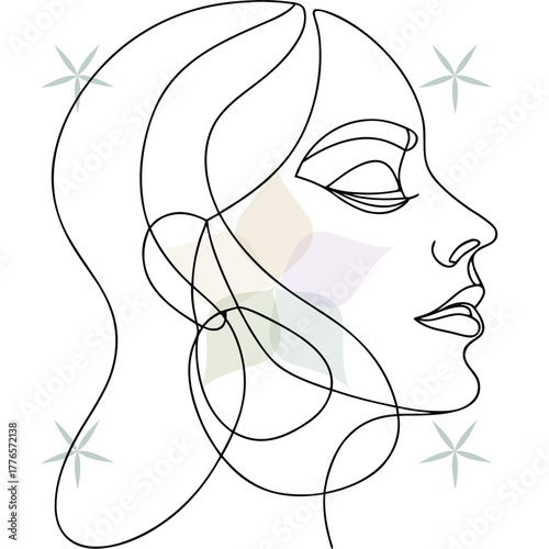 Minimalist Line Drawing Woman Profile with Closed Eyes Star Accents abstract beauty single lineart