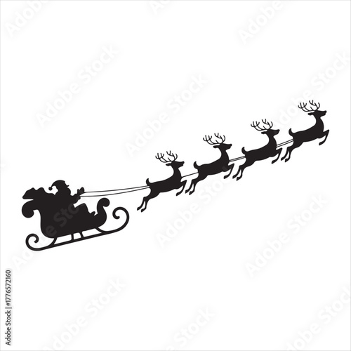 Silhouette of santa claus riding in his sleigh pulled by a team of reindeer flying through the night sky