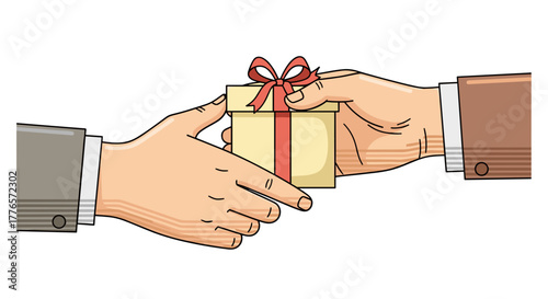 Hands exchanging a gift box with a ribbon in a handshake gesture  