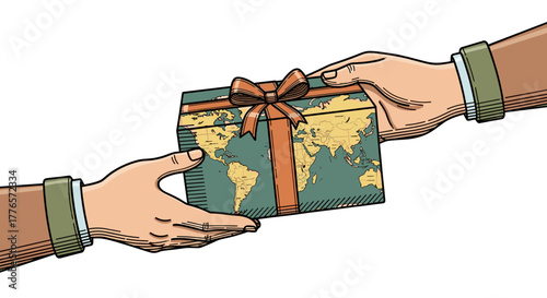 Two hands exchanging a gift box with world map design  