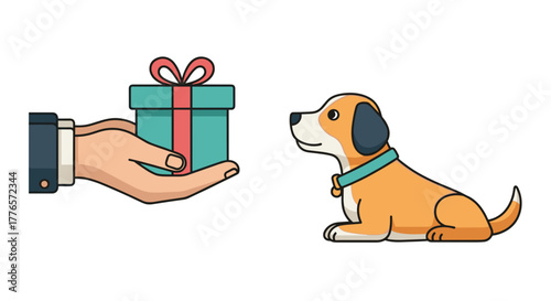 Hand offering gift to a friendly dog sitting on white background  