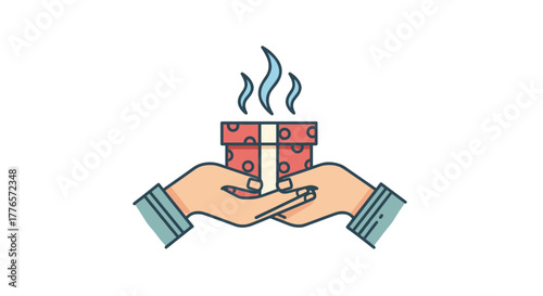 Hands exchanging a steaming gift box with red wrapping and ribbon  