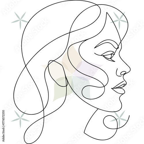 Abstract line art portrait a woman's profile with flowing hair stars face abstract beauty single lineart