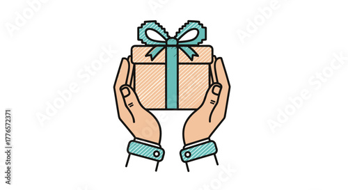 Hands holding a gift box with a blue ribbon in a minimalist style  